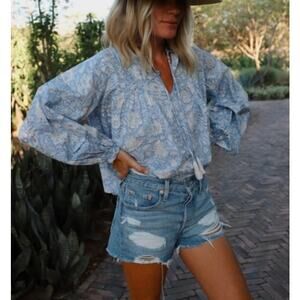 Marea Elizabeth Top Womens Small Blue Floral V Neck Long Sleeve Cotton Boho